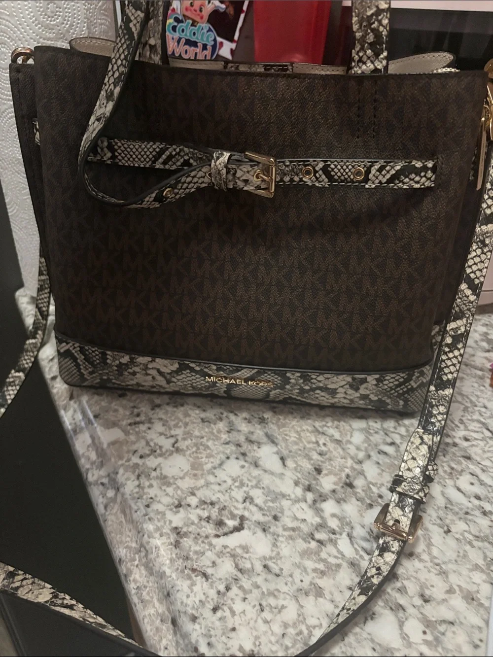 Michael Kors Brown MK Logo Tote with Snake-Print Trim and Gold Hardware